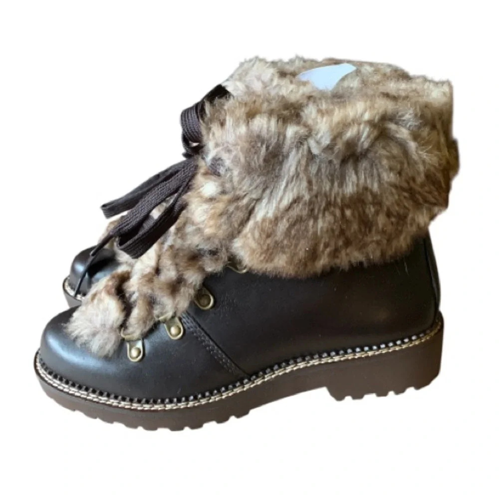LANDSEND Women’s Leather Faux Fur Cuff Booties, Side Zip